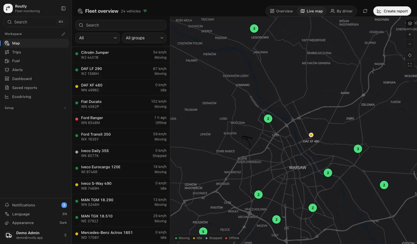 Routly live map: twenty-four vehicles on a dark map with the fleet list beside it, each row showing speed and status