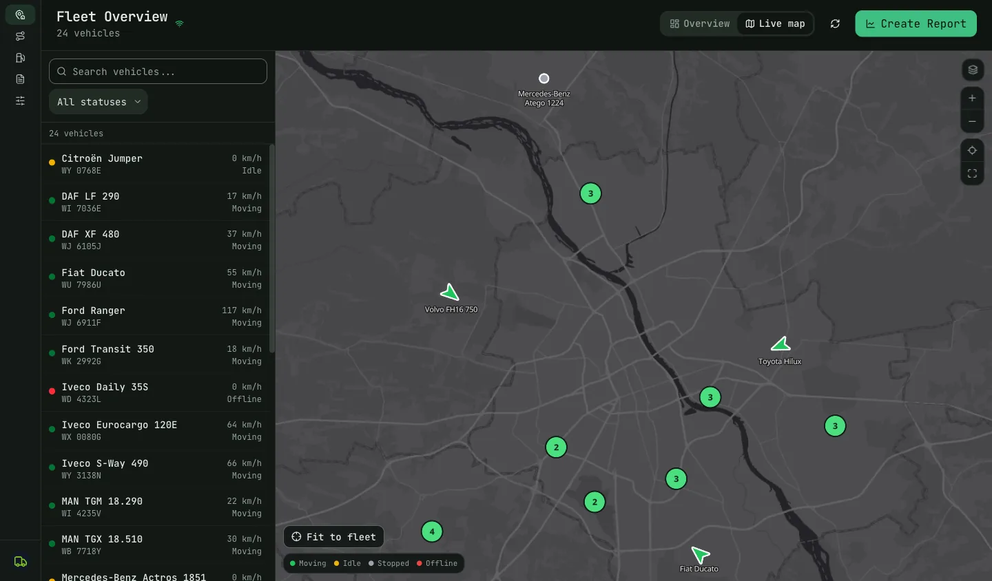 Routly live map: twenty-four vehicles on a dark map with the fleet list beside it, each row showing speed and status